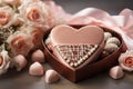 A heart shaped chocolate box with roses and chocolates Royalty Free Stock Photo