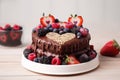 a heart shaped chocolate cake with berries and strawberries on a plate next to a bowl of strawberries and a bowl of strawberries Royalty Free Stock Photo