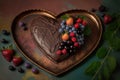 heart-shaped chocolate cake on a marble plate, surrounded with fresh and colorful berries