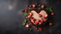 A heart shaped chocolate cake with strawberries and mint leaves, AI Royalty Free Stock Photo