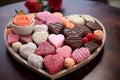 Heart shaped chocolate candies on a wooden tray. Valentine\'s Day