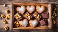 Heart shaped chocolate chunk cookies with walnuts on rustic wooden tray Royalty Free Stock Photo