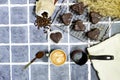 heart shaped chocolate cookies with coffee beans, powder coffee and art latte cup Royalty Free Stock Photo