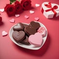 heart shaped chocolate in chocolate and pink color on heart shape white plate surrounded by heart shaped gift box and roses on red Royalty Free Stock Photo