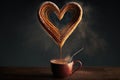 heart-shaped churros being dunked into cup of hot chocolate Royalty Free Stock Photo