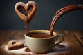 heart-shaped churros being dunked into cup of hot chocolate Royalty Free Stock Photo