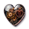 heart-shaped clockworks in glass on white background, heart-shaped, isolated . steampunk