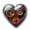 heart-shaped clockworks in glass on white background, heart-shaped, isolated . steampunk