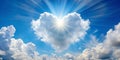 Heart-shaped cloud formation with bright sun rays bursting through a vibrant blue sky, a breathtaking celestial scene. Generative Royalty Free Stock Photo
