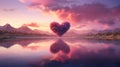 A heart-shaped cloud formation reflected in the calm waters of a mountain lake by AI generated Royalty Free Stock Photo