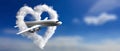 Heart shaped cloud and a plane on blue sky background. 3d illustration Royalty Free Stock Photo