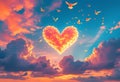 Heart Shaped Cloud at Sunset with Birds Flying, Romantic Sky Scene Royalty Free Stock Photo