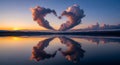 Heart shaped clouds reflected in calm water at sunset with warm golden light Royalty Free Stock Photo