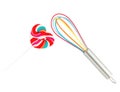 Heart shaped colorful lollipop and balloon whisk on white background Royalty Free Stock Photo