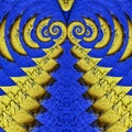 heart shaped concentric spiraling design in yellow gold on a textured vivid blue background