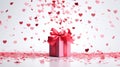Heart shaped confetti falling on giftboxes ai generated background image Royalty Free Stock Photo