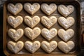 Heart shaped cookies on baking tray, top view