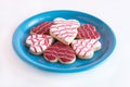 Heart shaped cookies on blue plates