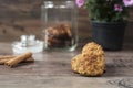 Heart shaped cookies. Close-up of homemade cookies. Healthy dessert with cinnamon, dates and walnuts. Rustic background