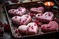 heart-shaped cookies decorated with icing on a baking tray Royalty Free Stock Photo