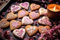 heart-shaped cookies decorated with icing on a baking tray Royalty Free Stock Photo