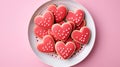 Heart-shaped cookies red icing and white dots on the plate on a pink background. Valentine's Day holiday. AI Royalty Free Stock Photo