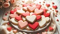 Heart-shaped cookies for valentine\'s day on a festive table with flowers