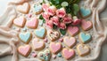 Heart-shaped cookies for valentine\'s day on a festive table with flowers