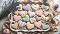 Heart-shaped cookies for valentine\'s day on a festive table with flowers