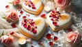 Heart-shaped cookies for valentine\'s day on a festive table with flowers