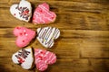 Heart shaped cookies on wooden table. Top view, copy space. Dessert for Valentine day Royalty Free Stock Photo