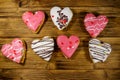 Heart shaped cookies on wooden table. Top view. Dessert for Valentine day Royalty Free Stock Photo