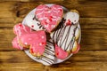 Heart shaped cookies on wooden table. Top view. Dessert for Valentine day Royalty Free Stock Photo