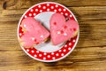 Heart shaped cookies on wooden table. Top view. Dessert for Valentine day Royalty Free Stock Photo