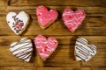 Heart shaped cookies on wooden table. Top view. Dessert for Valentine day