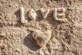 Heart shaped coral and the word LOVE on sand, Boracay Island, Philippines Royalty Free Stock Photo