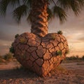 Heart-Shaped Cracked Mud Sculpture at the Base of a Palm Tree During Sunset AI-GENERATED Royalty Free Stock Photo