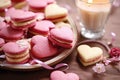 Heart-shaped cream cakes for valentine\'s day on a festive table with candles and flowers