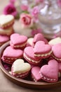 Heart-shaped cream cakes for valentine\'s day on a festive table with candles and flowers