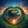 A heart-shaped 3D world with perfect tree cover. laying on the ground of green grass