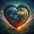 A heart-shaped 3D world with perfect tree cover. laying on the ground of green grass