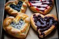 heart-shaped danishes with red cherry or blueberry fillings