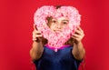 Heart shaped decor valentines day. Feeling loved. Lovely baby. Adorable girl having fun. Romantic mood. Happy child hold Royalty Free Stock Photo