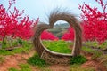 Heart shaped decoration made of straw and blooming red peach blossoms Royalty Free Stock Photo