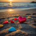 Heart-shaped decorations on a sandy beach. Romantic sunset. Valentine\'s day wallpaper.