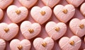 Heart shaped delicious glazed cookies, pink pastel background, top view.
