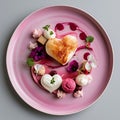 A heart-shaped dessert sits elegantly on a pastel pink plate, embellished with edible flowers, swirls of sauce, and