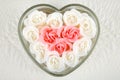 Heart Shaped Dish Filled with Ivory and Pink Roses