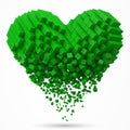 Heart shaped, dissolving data block. made with green cubes. 3d pixel style vector illustration.