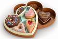 heart-shaped donut box with a variety of flavors and toppings